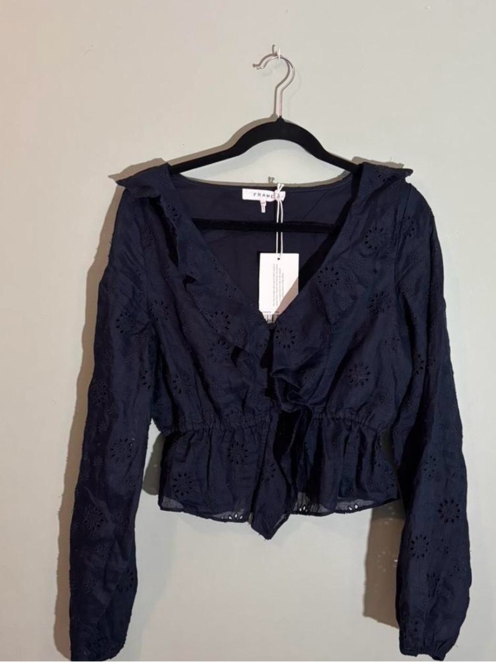 Frame Navy Eyelet Ruffle Peplum Top - Picture 2 of 5